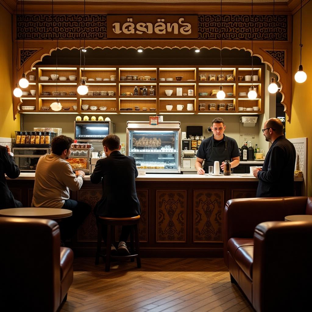 A cozy coffee shop interior featuring a barista serving customers at the counter. The shop has wooden decor with warm lighting and a selection of pastries displayed.