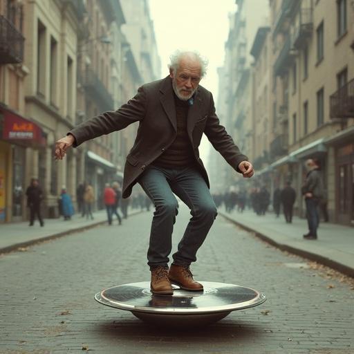 An old man rides a hoverboard made of vintage vinyl records in a futuristic city setting. The atmosphere is dreamy and surreal with a street-level view.