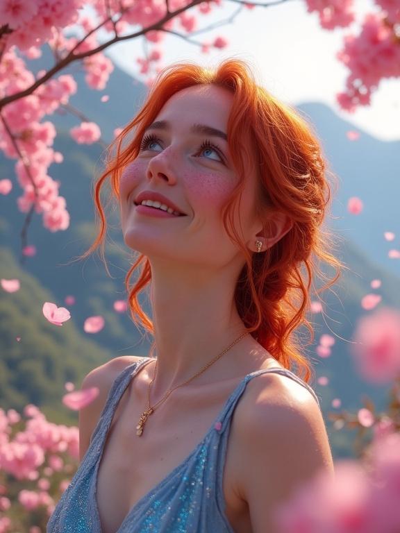 A woman with red hair and freckles smiles in a cherry blossom garden. She wears a blue dress and stands close to pink petals. Mountains are in the background. The scene is vibrant and romantic, with soft light filtering through trees.