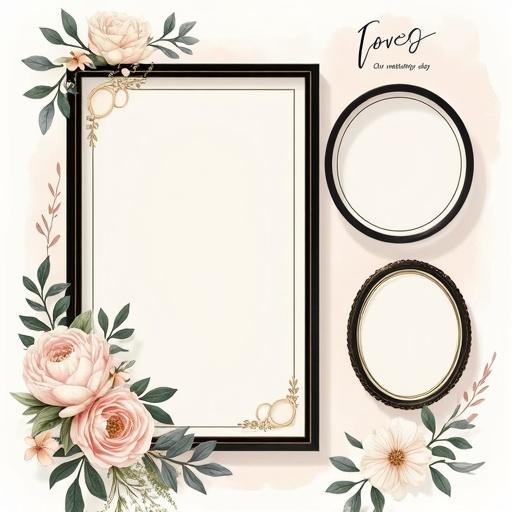Square wedding photo collage in minimalist style with three decorative black photo frames; large vertical frame centered slightly left; circular frame at top right; small horizontal frame at lower right; elegant borders with gold lining and ivory edges; beautiful bouquet illustrations with roses and white peonies; minimalistic ring drawings near frame corners; soft white background; delicate handwritten text like 'Forever' and 'Our wedding day'; refined and romantic design