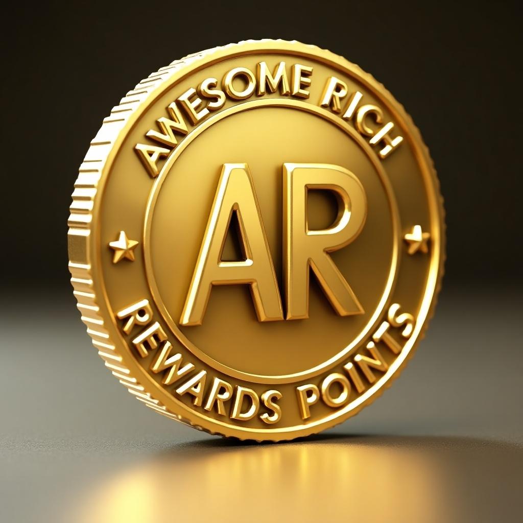 A gold-colored coin stands upright on a smooth surface. The coin features a large 'AR' symbol. The inscription reads 'Awesome Rich - Rewards Points'. The coin reflects soft light.