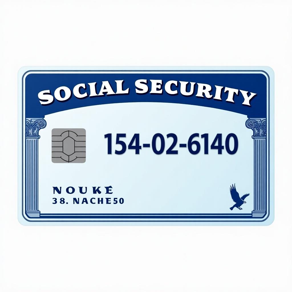 This is a depiction of a generic social security card. The card prominently features the text 'SOCIAL SECURITY' at the top. The key numbers displayed are '154-02-6140'. A graphic chip is shown on the card to represent modern identification. There are decorative elements that indicate its official nature. The background is a soft blue color, enhancing its visual appeal. Overall, the design is professional and clean, echoing the importance of social security identification.