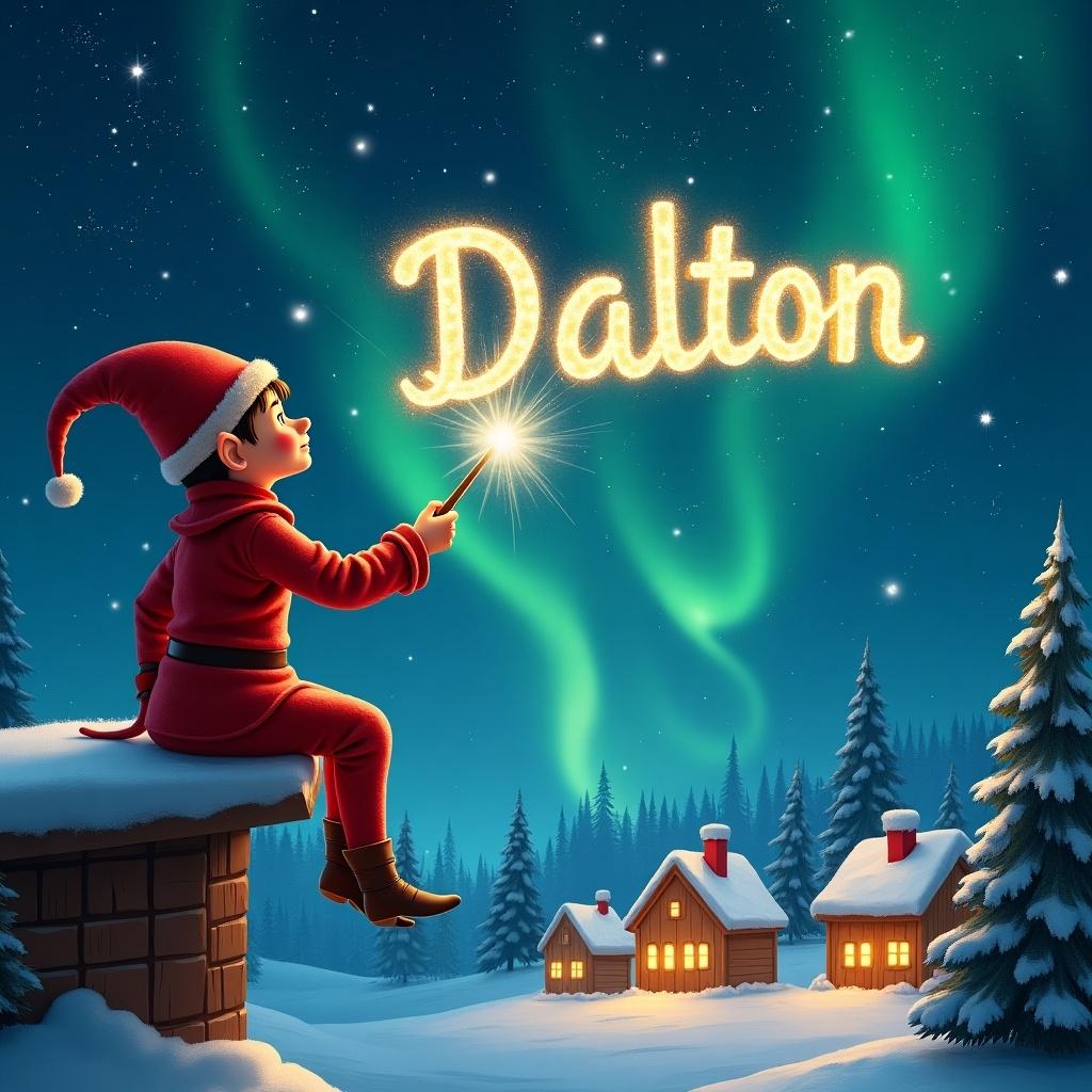 An elf writes the name Dalton in the sky with a magical wand. The elf sits on a wooden ledge overlooking a snowy landscape. The elf wears a red outfit and hat, surrounded by evergreen trees and houses. The sky displays the Northern Lights in a starry backdrop.