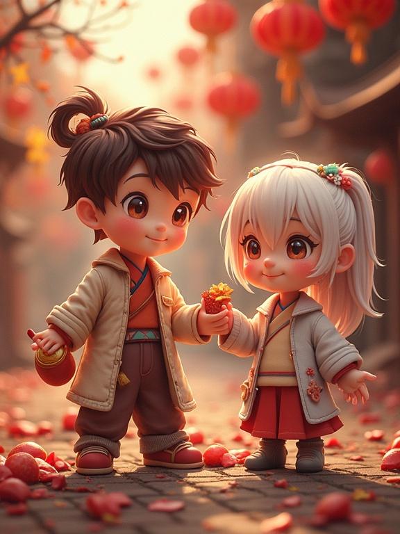 A whimsical and colorful celebration scene featuring two cute children in traditional attire. They exchange festive items, surrounded by decorations like lanterns and flowers. The atmosphere is joyful and inviting.