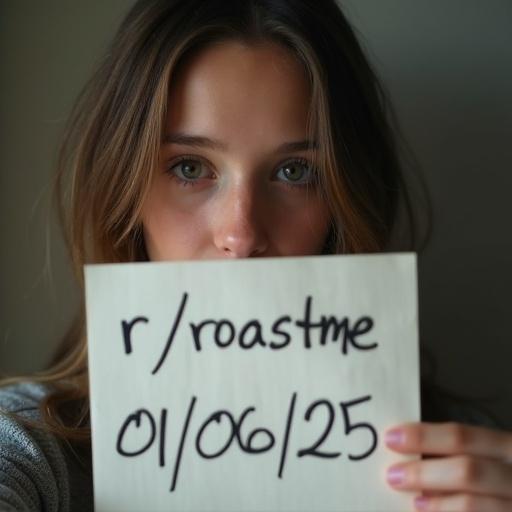 Teenage woman holding handwritten note saying 'r/roastme 01/06/25'. Focus on face. Low quality selfie photo. Amateur photography style.