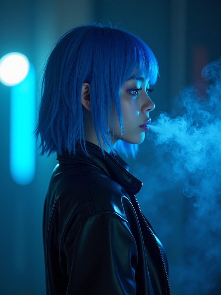 A girl with blue hair is smoking. She has a black outfit. A glowing blue background creates a cool vibe. The photo captures a side profile with smoke surrounding her.