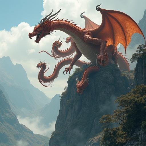 A nine-headed dragon emerges from the mountainside.
