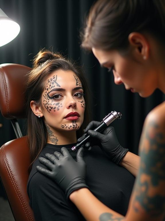 A young crossdresser sits in a tattoo chair. The individual has intricate tattoos resembling a cheetah's face. A tattoo artist works on adding details. The tattoo studio has bright lighting and stainless steel equipment. The scene captures the artistry of tattooing.