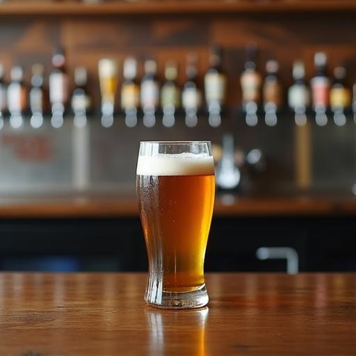 Picture of a table with a blank glass of beer on a rectangular table. The glass appears small. Background shows beer bottles and dispensers, all blurred.