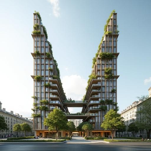 19-story hotel with V-shaped design on a 100x50 meter site. Two long wings leaning inward. Solid podium base. Dynamic iconic silhouette. Irregular secondary façade inspired by tree branches. Natural materials like wood, stone, and glass. Integrates green rooftop terraces. Features sustainable design elements. Immersive and adapted to urban context.