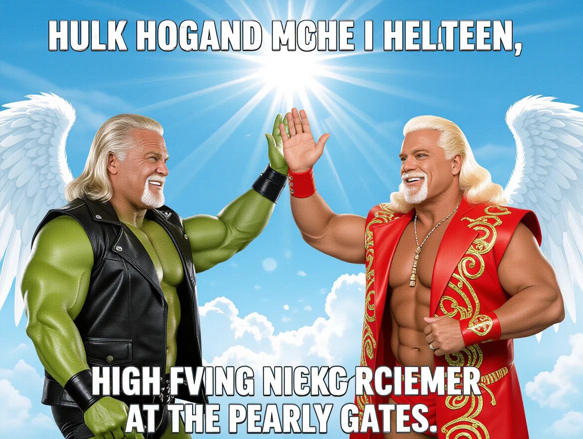 Hulk Hogan and Ric Flair in heaven high fiving at the pearly gates with Instagram meme aesthetics.