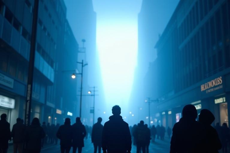 Create an image with a cinematic feel featuring a low angle view looking up at a huge bright light above a street. Include a blue wide lens flare with realistic details, shadows, and soft reflections. Depict a crowd of people silhouetted from behind, looking up at the sky amidst urban elements like stores and light poles against a dark blue filter.