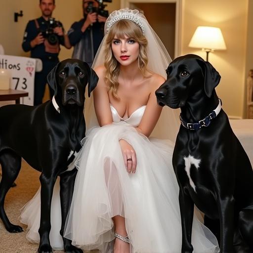 Gorgeous woman with bridal veil crouches between two large black Great Danes. She wears a lowcut white wedding dress with high heels. One dog rests its head on her shoulder. Video cameras capture the scene. A sign in the background indicates auditions. Dynamic angle enhances visual interest.