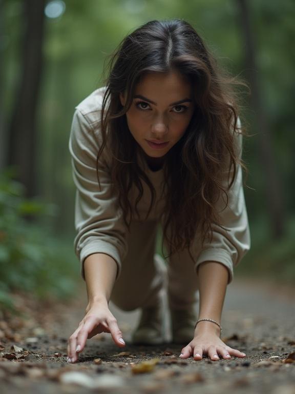 Woman crawling towards the camera in a forest path. Natural setting with soft light.