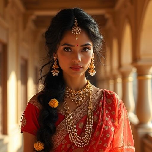 An Indian princess named Chandralekha with glowing wheatish skin. She has expressive large eyes and long styled black hair in a Rajasthani braid. Her hair is adorned with pearls and marigolds. She wears a red and gold lehenga with gota-patti embroidery and kundan jewelry. A moon-shaped maang tikka adorns her forehead. She walks through an arched palace corridor with sunlight filtering through jharokhas.