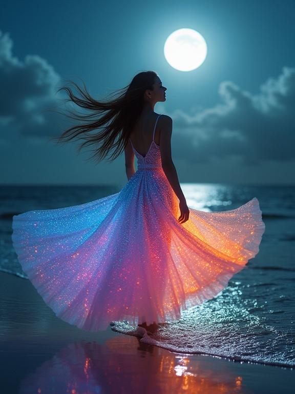 A graceful feminine silhouette stands alone on a tranquil beach. The moonlight softly illuminates the scene. Luminous hair cascades around her. The dress shimmers with vibrant hues. She dances gently in the ocean breeze. The beach glows with silvery light. Calm waters reflect the moon's glow. An enchanting atmosphere surrounds her.