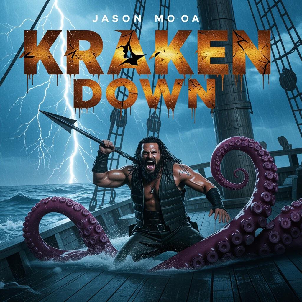 Movie poster featuring a character on a ship. A character holds a harpoon. A tentacle emerges from the ocean. Background shows turbulent waters and lightning.