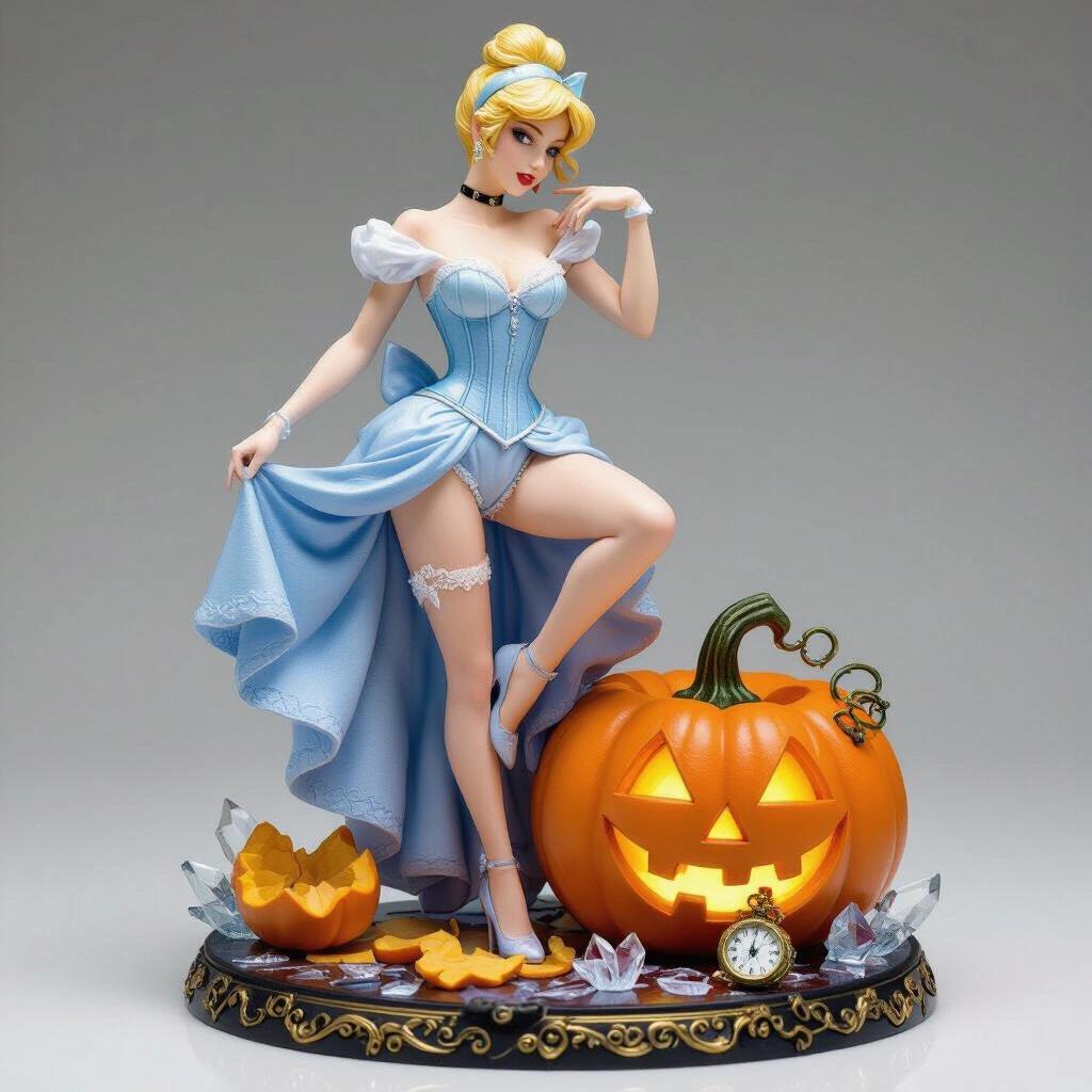 An ultra-detailed resin figure inspired by Cinderella. Extremely sensual and elegant blonde woman stands with one leg raised on a decorative magic pumpkin. She arranges her garter belt with her hands. Back slightly arched, and her expression conveys confidence. Wears a tight corset with sweetheart neckline, sparkling with lace. The base includes a broken decorative pumpkin, a pocket watch, and shards of magic crystal. Strong visual presence from every angle.