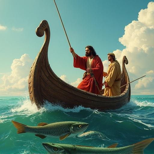 Jesus and two disciples in a fishing boat surrounded by many fish in the net.