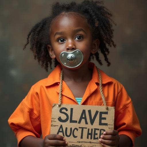 The scene portrays themes of historical injustice. A mother dramatically portrays a slave merchant. A child dressed in an orange jumpsuit symbolizes captivity. The child holds a cardboard sign labeled "SLAVE AUCTION". The hands are tied with rope symbolizing loss of freedom. An oversized pacifier illustrates innocence in a grim situation.