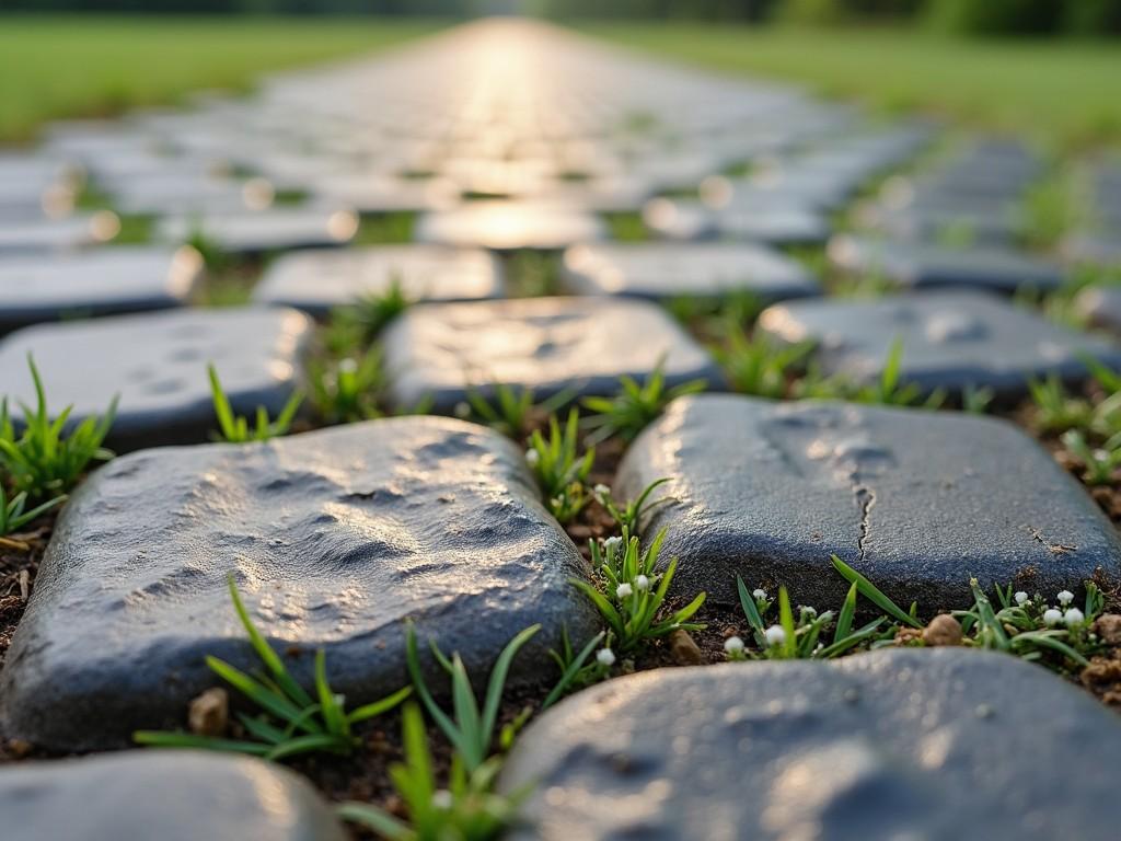 A close-up of a cobblestone path with grass growing between the stones, bathed in soft sunlight.