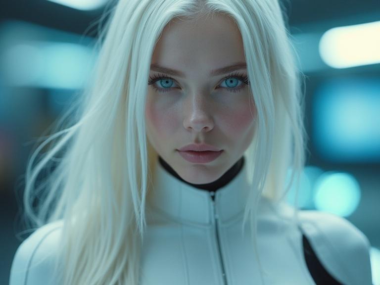Cyborg girl has long white hair and pale skin. She wears a tight-fitting bodysuit. Her eyes are brilliant light blue. The setting is futuristic with ambient lighting. Full body shot from low angle.