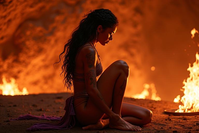Within a glowing lava cavern. A humanoid kneels before a flame altar. Firelight dances across the cavern walls. Tattoos illuminated by firelight. Communing with ancestral spirit of fire.