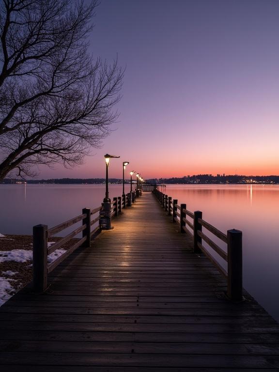 Photograph of a wooden pier at night with calming water, a bare tree on the left side. Benches are placed on the pier. The sky shows a gradient from purple to orange. City lights are visible in the distance. Soft light shines from the pier lamps creating reflections in the water. The ground has slight snow in a winter setting. The scene is peaceful and quiet with minimal human presence. The composition is symmetrical and captures a tranquil mood with warm and cool colors.
