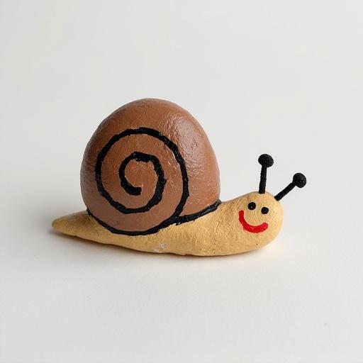 A painted rock designed as a smiling snail resting on a plain tabletop. The shell is brown with a spiral and the body is tan. Eyes are two black dots on stalks with a curved red smile. Finished with sealant.