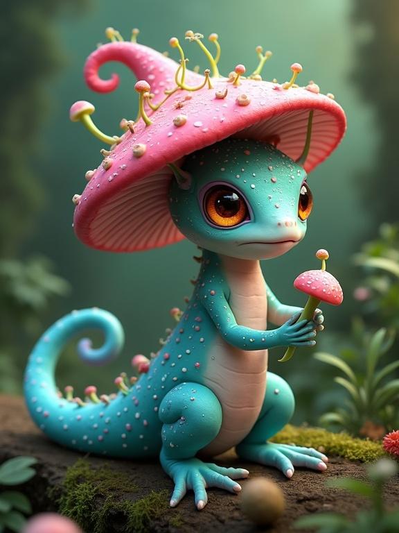 Fantasy creature with a mushroom cap, colorful design, sparkling textures, and a whimsical look. It holds a pink mushroom in a dreamy forest setting.