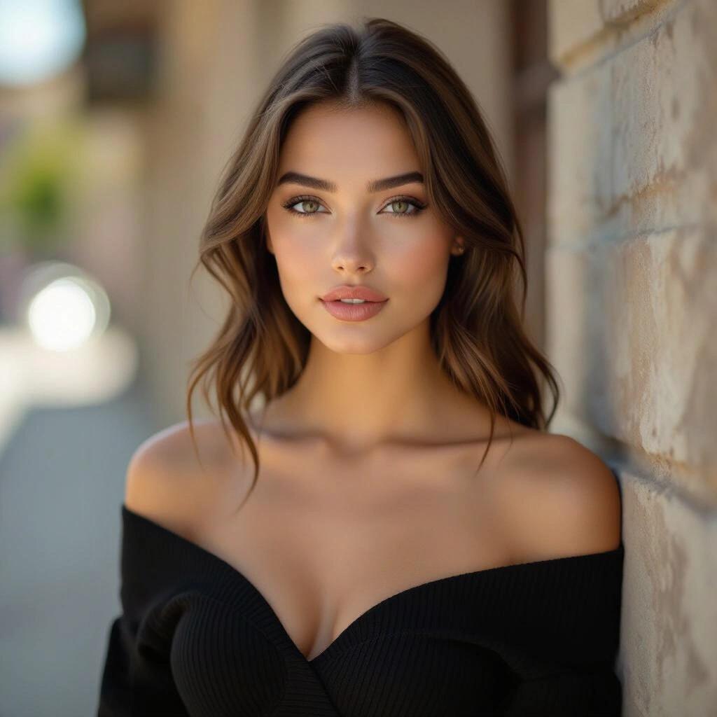 Beautiful young woman with long hair posing against a stone wall. Expressive face with a seductive gaze.