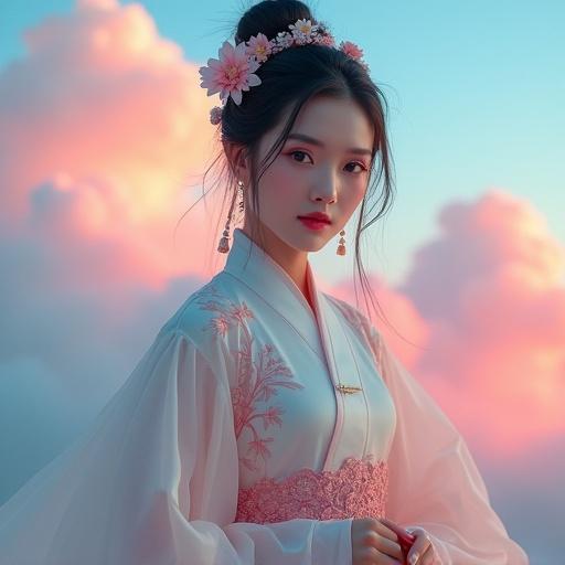 Portrait of a cute Chinese woman in traditional hanfu. Soft light highlights her delicate facial features. Floral hair accessories add elegance. Graceful pose in a cultural setting. Warm pink clouds meet cosmic blue energy. Ethereal dreamscape with vibrant colors. Dramatic beauty of untouched nature and adventurous roads are highlighted.