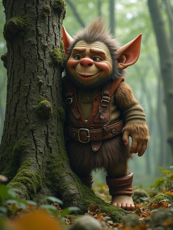 Troll hiding behind a tree in an enchanted forest. Troll has a mischievous grin. Dressed in handmade fur and leather. Rendered in a whimsical fantasy style.