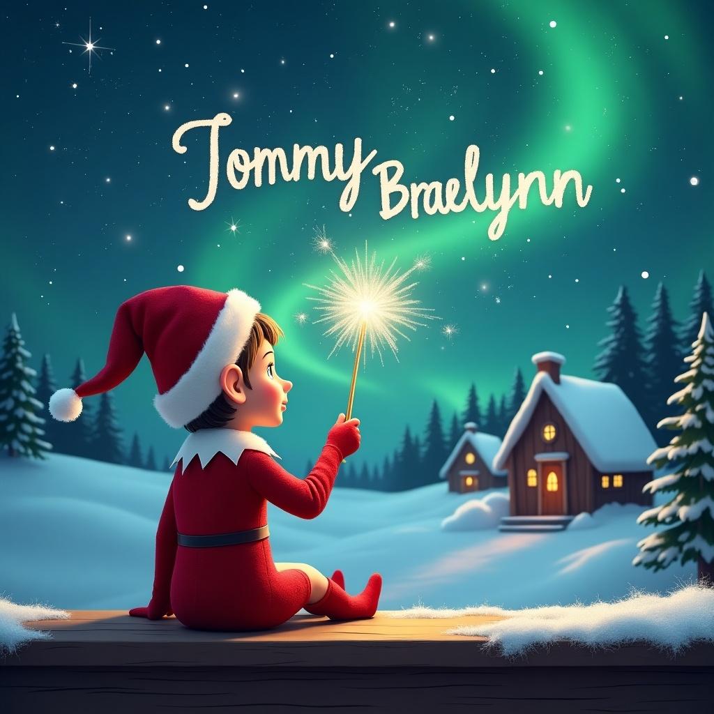 An elf sits on a wooden ledge with its back to the camera, gazing at a magical sky. The elf, dressed in a red outfit with a pointed hat, holds a sparkling wand. With the wand, the elf elegantly writes the names 'Tommy' and 'Braelynn' in the starry sky. The background features a snowy landscape with charming little houses and evergreen trees under the shimmering Northern Lights. This whimsical scene captures the essence of childhood magic and Christmas cheer.