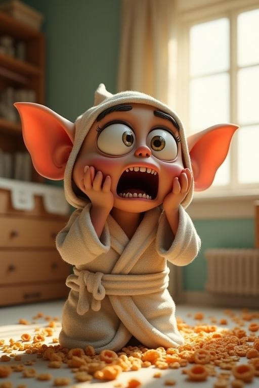 A hyperrealistic 3D cartoon humanoid creature displays shock in a bedroom. Oversized eyes and ears, sharp teeth, hands on cheeks in horror. Messy room with cereal on the floor. Sunlight comes through curtains. Wearing a bathrobe.