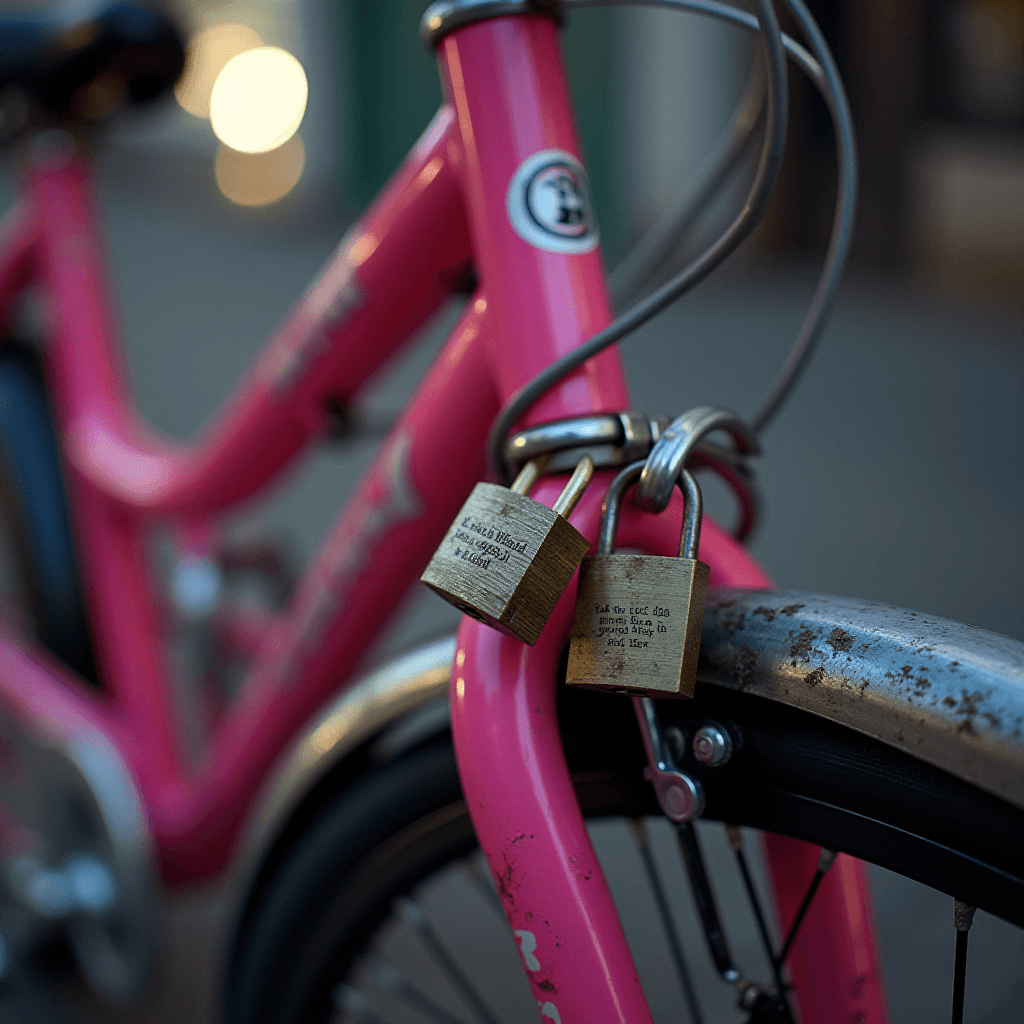 A pink bicycle with multiple padlocks securing its frame and wheel.