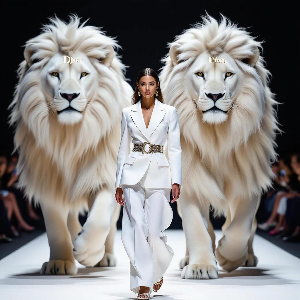 A tall woman in a white Dior suit walks forward. Next to her is a gigantic white lion with glossy fur. The lion has Dior logos subtly patterned on its coat. The fashion scene is dramatic and intense, showcasing elegance.