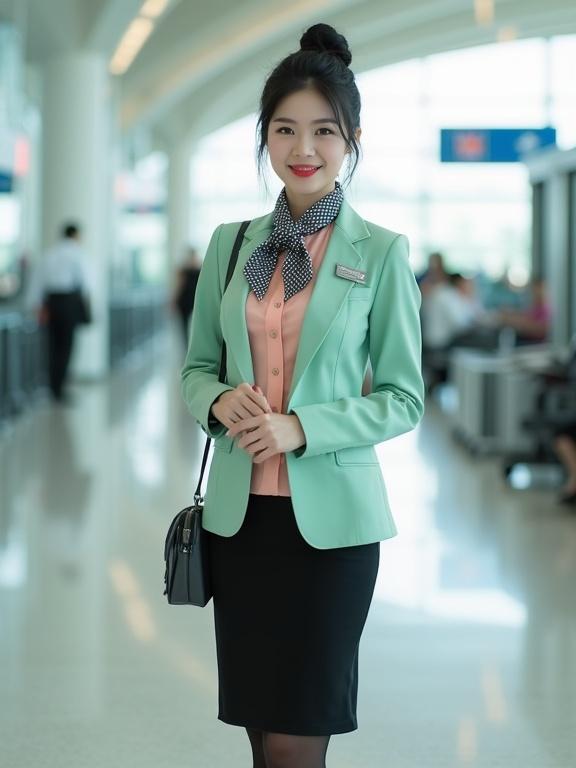 Full body in frame, top-to-toe, kawaii style image of a female airport ground staff in uniform. Peach button-up blouse under mint-green blazer. Black pencil skirt and pantyhose. Black pumps and hair in a bun. Friendly smile with light makeup. Silver name tag and ID badge on a lanyard. Dark-blue scarf tied at collar. Standing in an airport terminal.