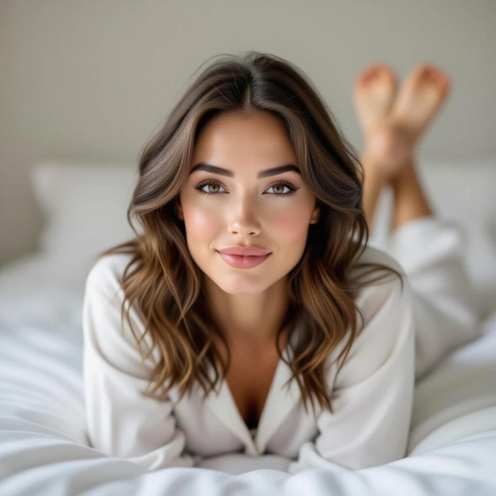 Brunette woman with shoulder-length hair lies on a bed. She has brown almond-shaped eyes and full eyelashes. Her features are refined with a defined chin and thin lips. Wearing light pajamas, she gazes relaxed toward the camera.
