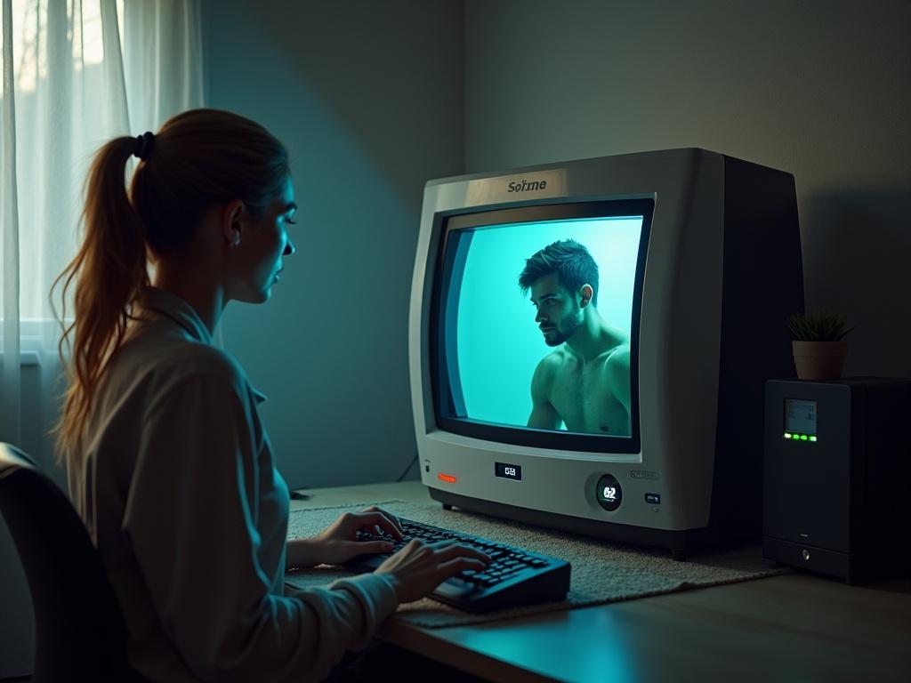 A young woman using an old computer. A man is appearing on the computer screen. The woman sits at a desk in a home environment.