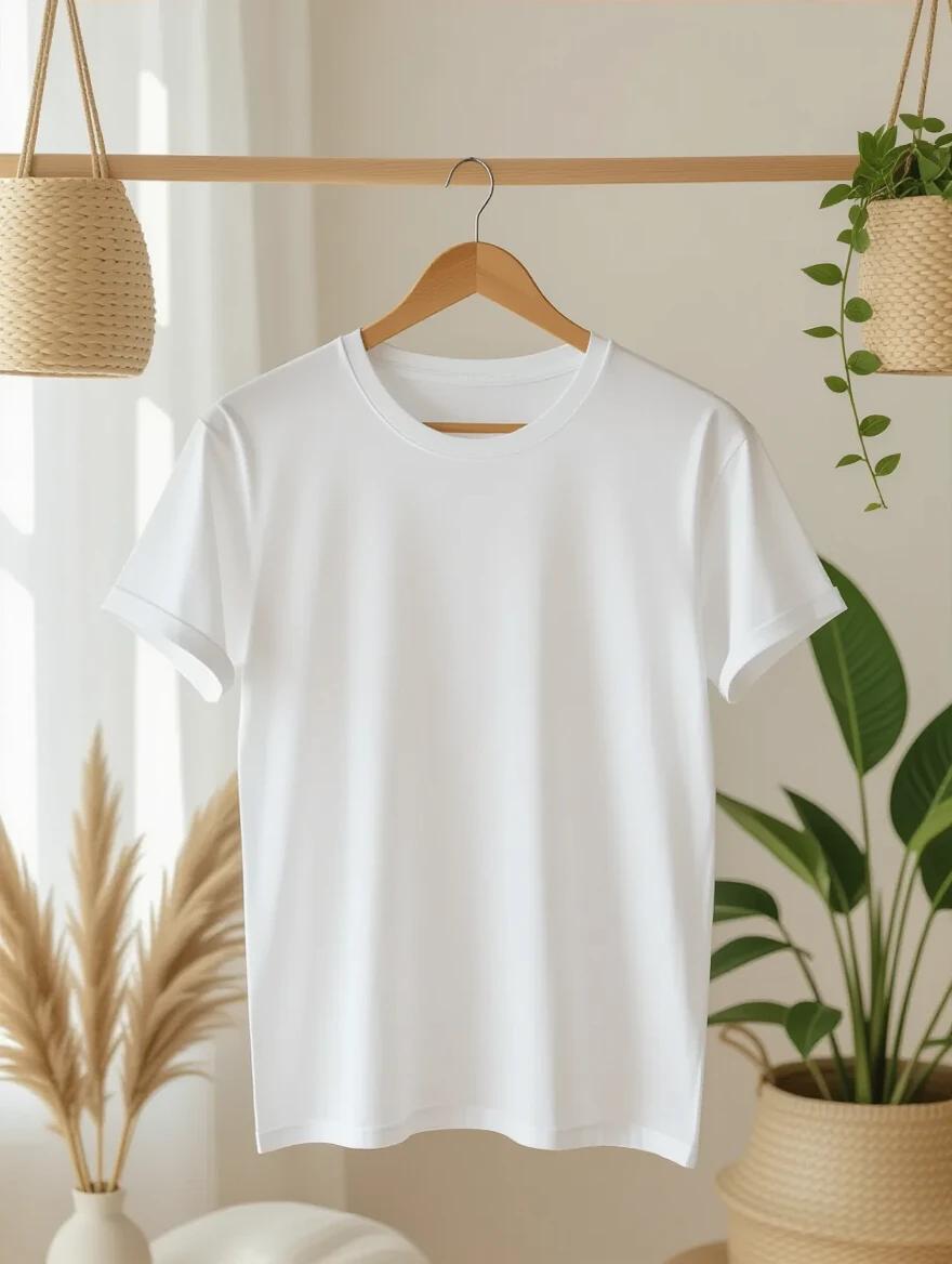 Plain white unisex T-shirt mockup on wooden hanger. Softly lit room with boho decor. Neutral background with indoor plants. Warm cozy tones. Realistic cotton texture. Daylight coming from the side. Relaxed minimal design.