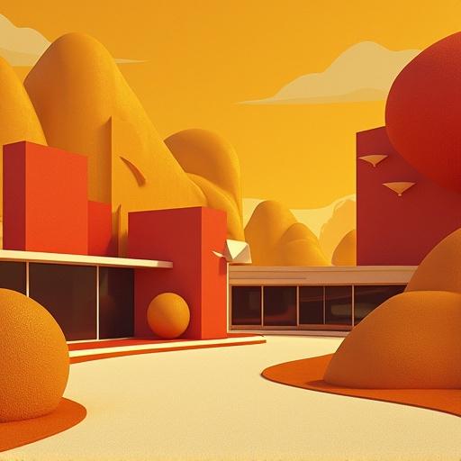Googie art style employs butterscotch with orange red and golden-brown colors. Scene depicts stylized geometric shapes in a surreal landscape with a winding path.
