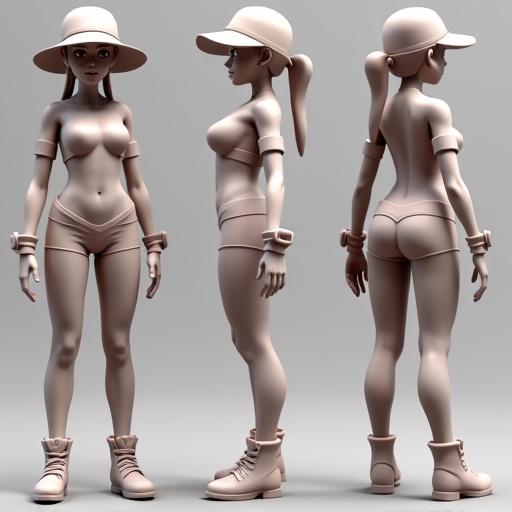 3D sculpt of a feminine Pokémon trainer displayed in front back and side views. The character is posing in an a-pose with an hourglass shape. The design features a stylized body without clothing or accessories. The render is in a clay texture.