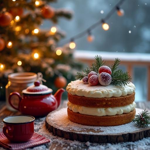 Cinematic 4K photorealistic image of a Christmas three-layered cake with creamy frosting topped with snowflakes, cranberries, and pine branches on a wooden stand. Set on a rustic table on a snowy porch at dusk. Features a red-striped enamel teapot and mug with Christmas design, red-and-white striped napkin, pine branches, and a vintage jar of gingerbread cookies. Warm natural light and fairy lights enhance the ambiance. Background includes a decorated Christmas tree with lights and a glass jar of oranges with ribbon.