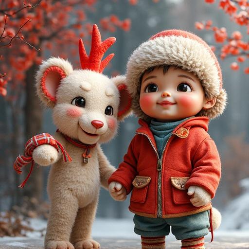 Cute humanoid character with reindeer-like creature in a warm atmosphere. Soft pastel colors dominate the scene. Both characters exhibit friendly expressions in a cozy setting. Perfectly focused with a clean white background, showcasing simplicity and charm.