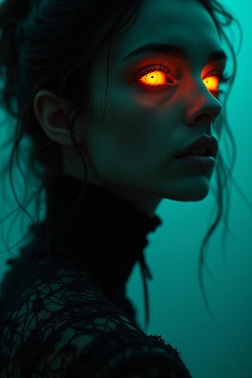 Portrait features a woman with glowing amber eyes and bioluminescent elements. The background is a dark teal color enhancing the mystical vibe. The attire is dark with intricate designs. The lighting emphasizes the woman's eyes and creates an eerie atmosphere.