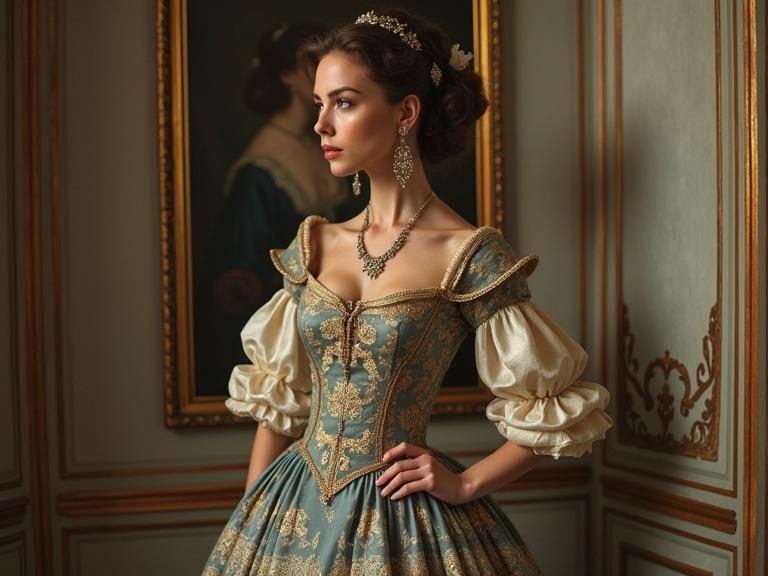 Portrait of a woman in an elegant historical gown standing in a lavish room. The dress features rich colors and intricate patterns. Background shows detailed decor and art.