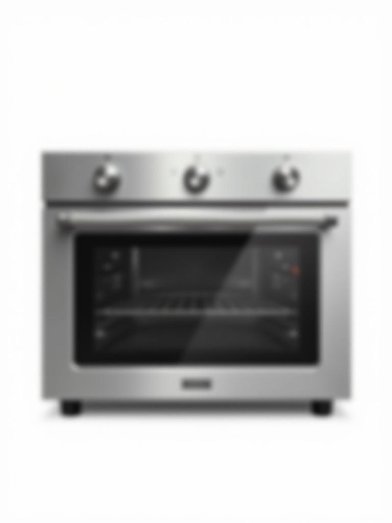 Photorealistic portrait of a convection oven. Isolated on pure white background. Centrally positioned. Reflective metallic surface. Sleek design. Buttons arranged horizontally. No digital display. Rounded buttons with sheen. Sharp edges defining the oven from the background.