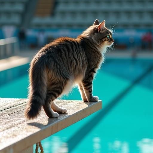 Ultra HD close-up of a majestic Maine Coon cat on a high-diving platform. Cat has gray fur and white paws. Muscular physique shown. Front paws gripping the edge, hind legs ready to jump. Tail extended for balance. Emerald eyes show determination. Diving board is sleek and rain-slicked. Below is an Olympic pool with turquoise water and reflections.