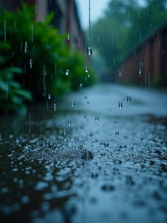 Photograph of raindrops falling on wet surface. Background blurred with earthy tones and green foliage. Raindrops in focus creating shimmering effect. Surface appears dark and rough. Color palette is cool with blues and greens. Sense of freshness and calm is conveyed.